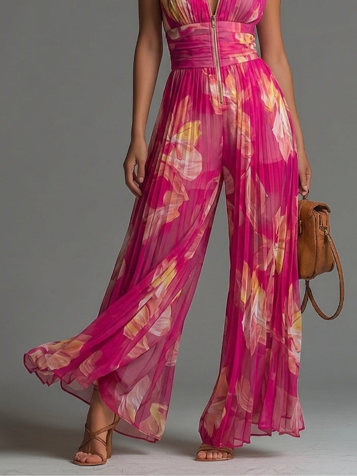 Sofía | Mono fucsia floral plisado