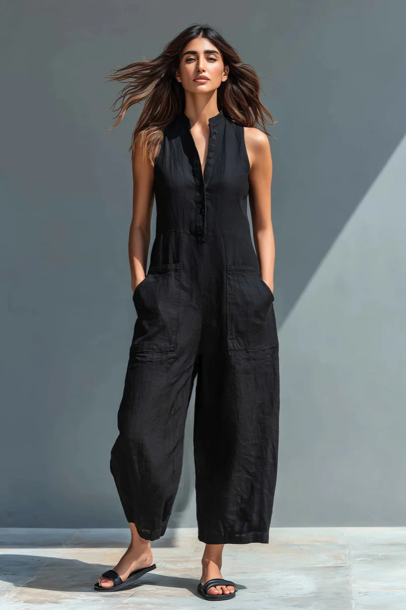 Amelia | Mono de lino negro con cuello alto