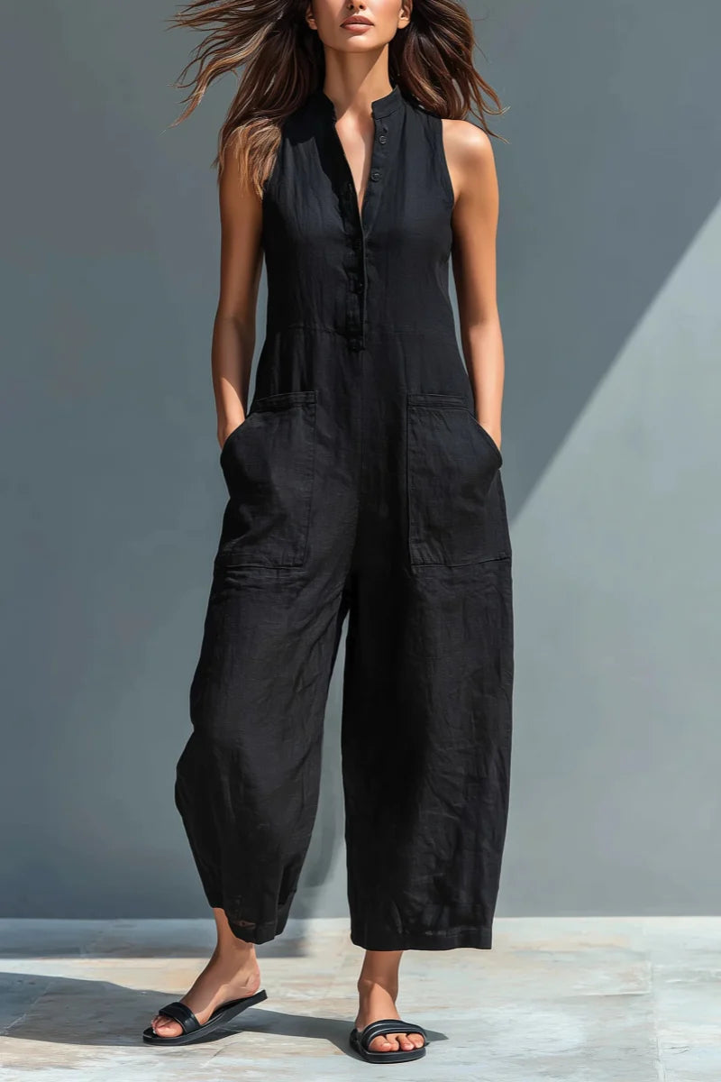 Amelia | Mono de lino negro con cuello alto